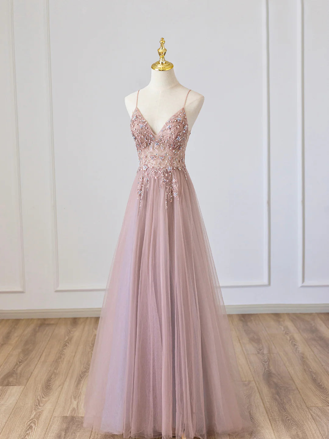 Pink V-Neck Tulle Long Spaghetti Strap Prom Dress with Beaded 