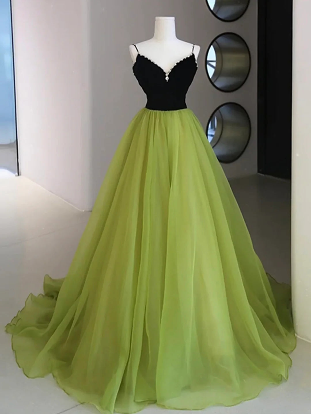 Black Velvet and Green Tulle Long Prom Dress