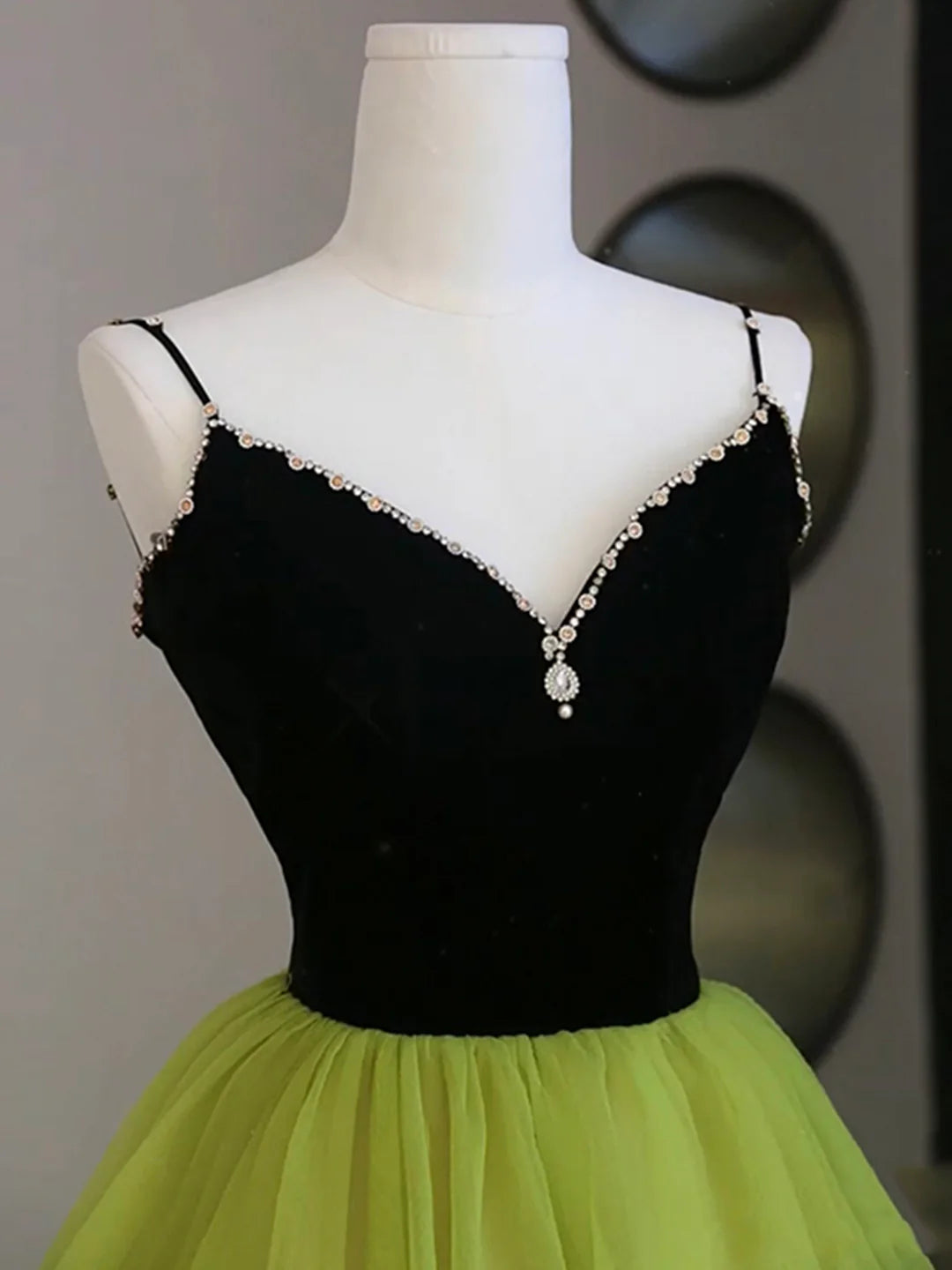 Black Velvet and Green Tulle Long Prom Dress