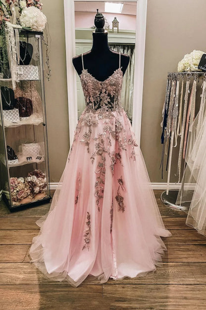 Lovely A-Line Pink Tulle Lace Long Prom Dresses