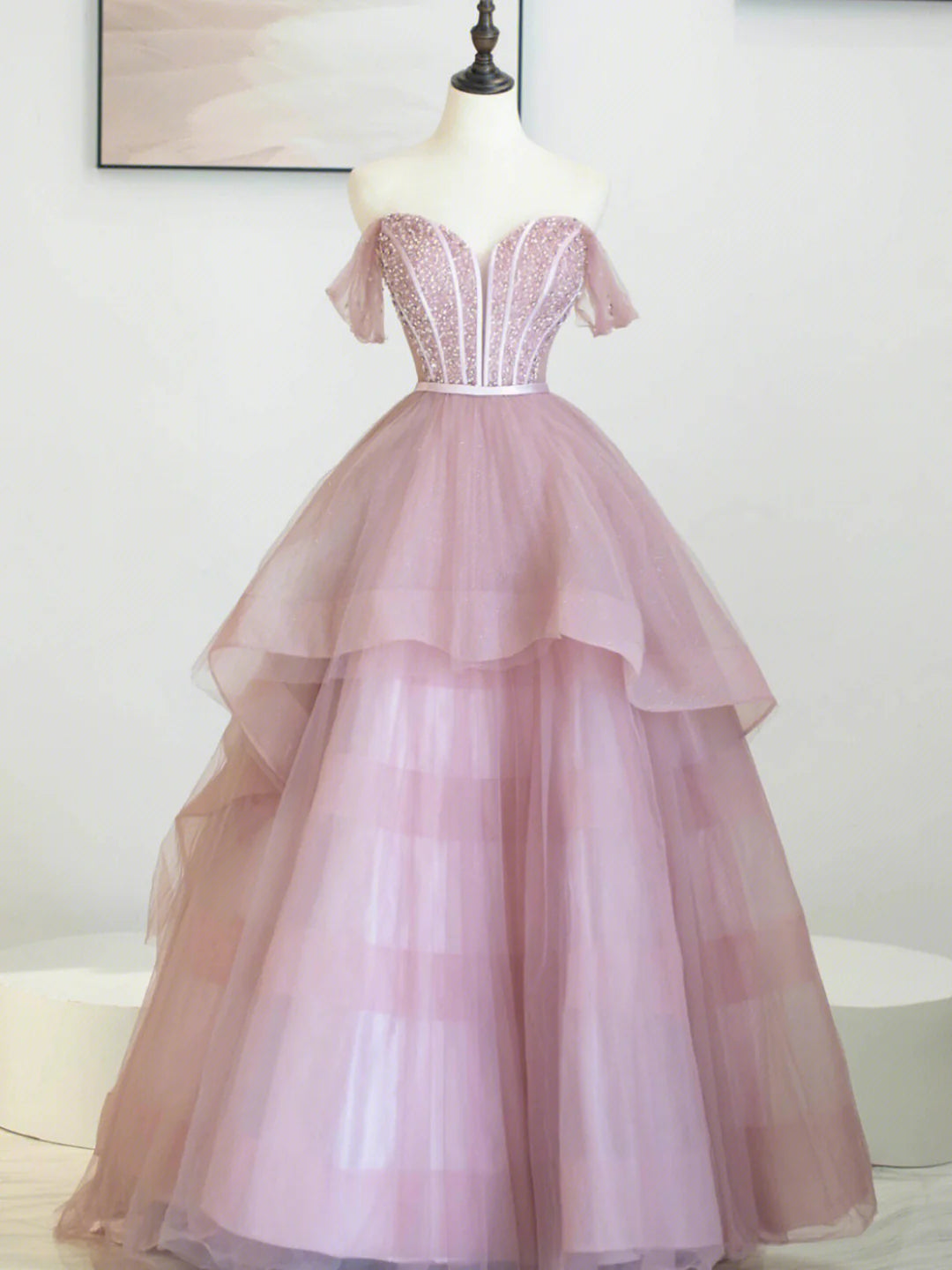 Pink Off Shoulder Tulle Sequins Long Prom Dress