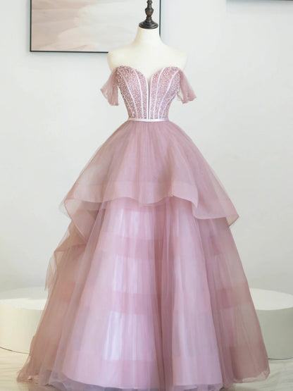 Pink Off Shoulder Tulle Sequins Long Prom Dress