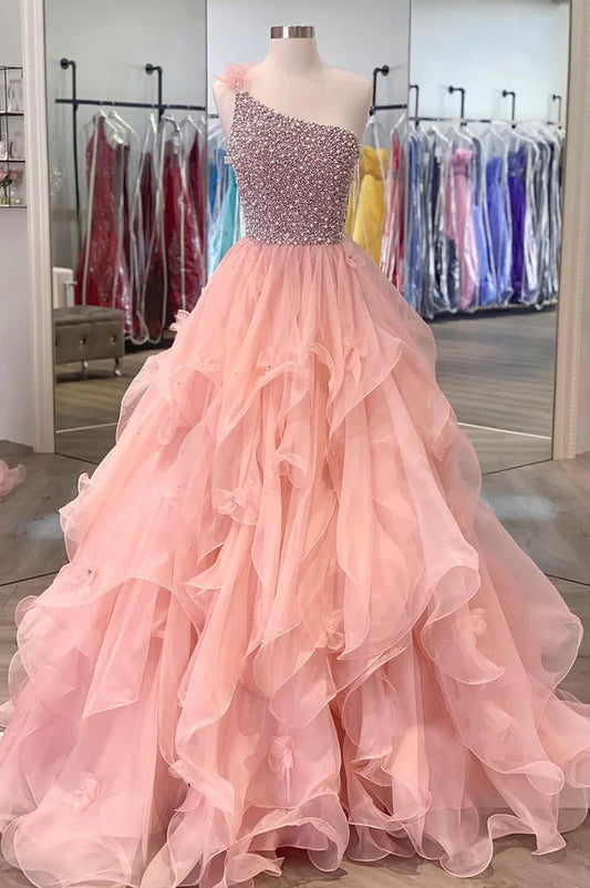 A-Line One Shoulder  Pink Organza Beaded Long Formal Dress