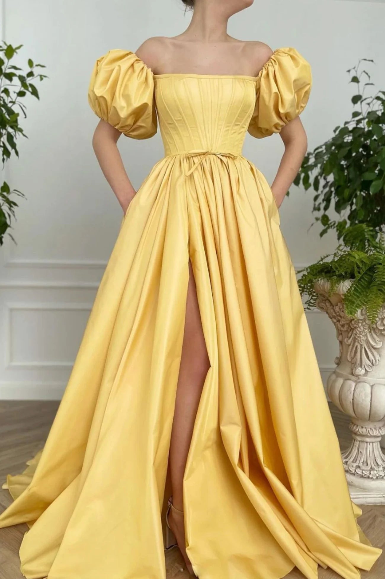 A-Line Off the Shoulder Yellow Satin Long Prom Dresses