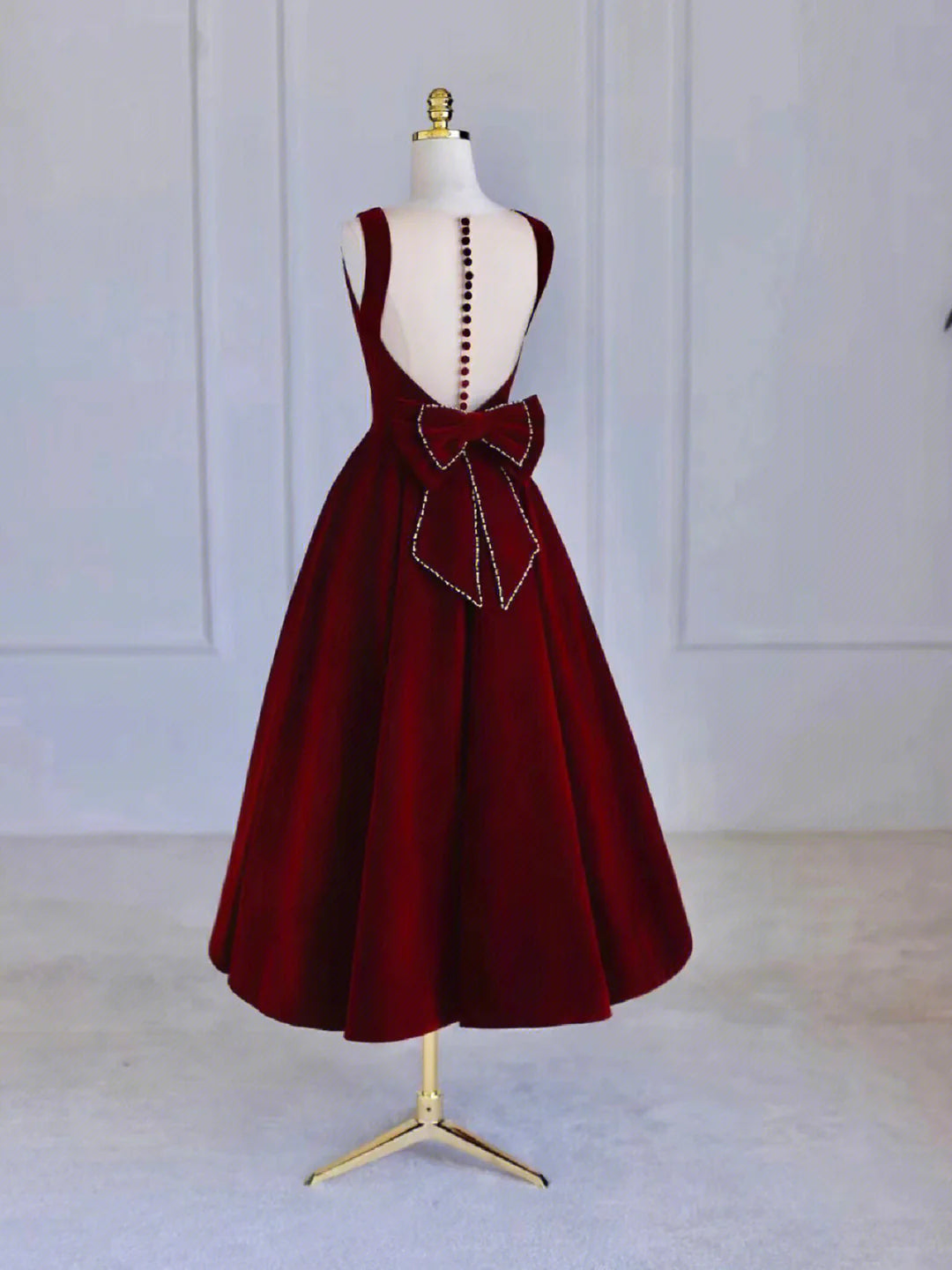 Burgundy Tea Length Prom Dress with Bowknot