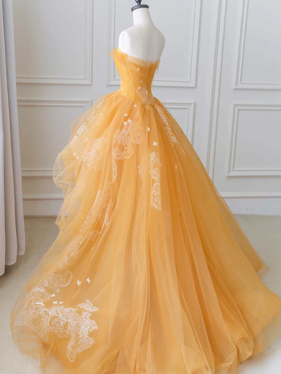 Orange Tulle Lace Long High Low Prom Dress