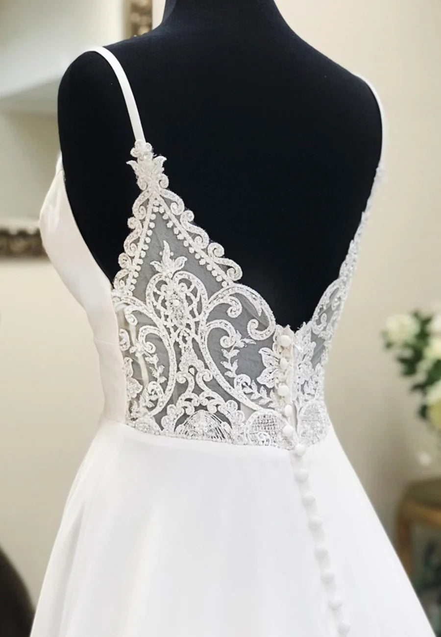 A-Line Lace White V-Neck Long Prom Dresses