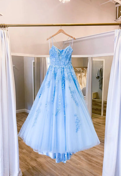 A-Line Formal Graduation Blue Lace Long Prom Dresses