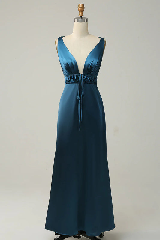 Deep V Neck A-Line Bridesmaid Dress