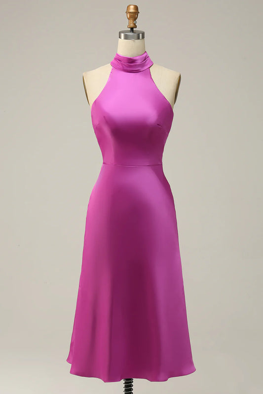 Sheath Halter Neck Satin Bridesmaid Dress