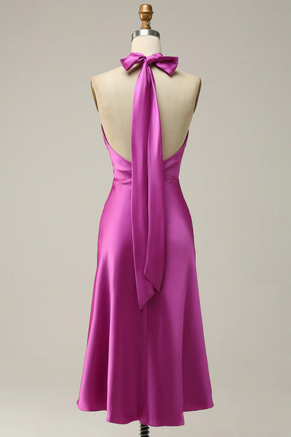 Sheath Halter Neck Satin Bridesmaid Dress