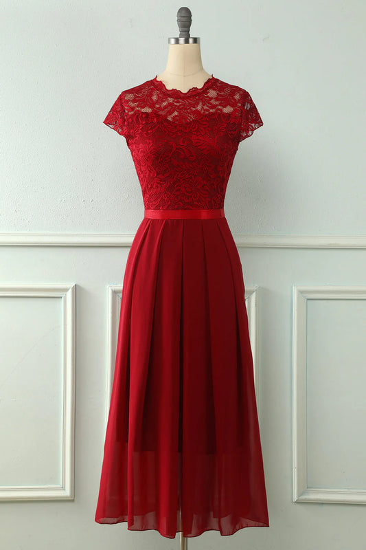 A-Line Round Neck Lace Bridesmaid Dress With Short Sleeved