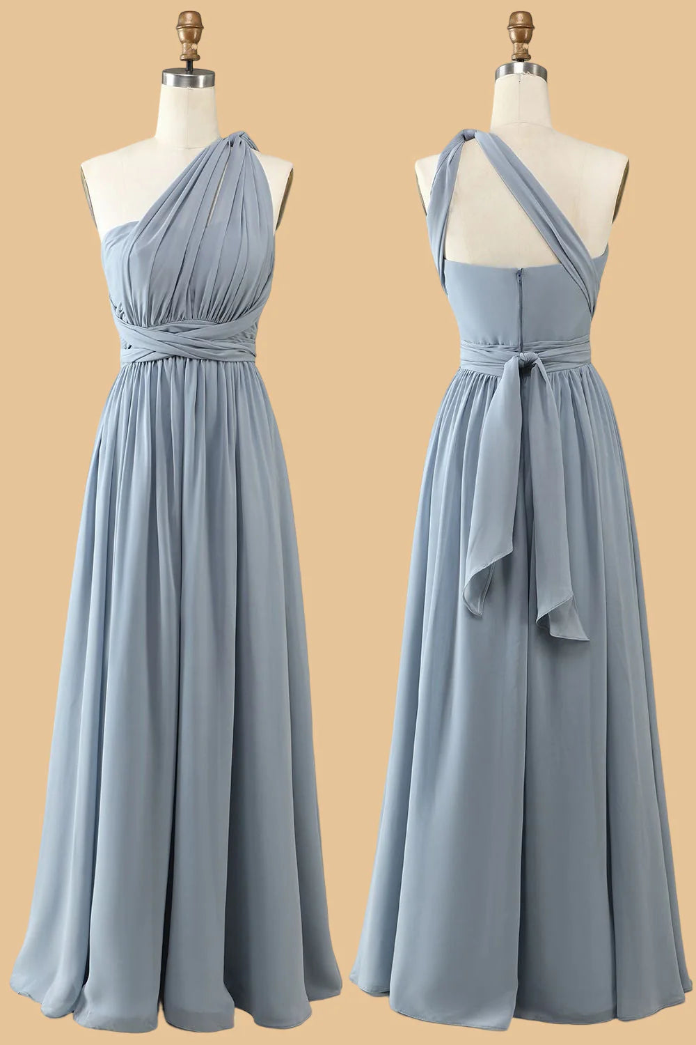 A Line One Shoulder V Neck Halter Neck Floor Length Bridesmaid Dress