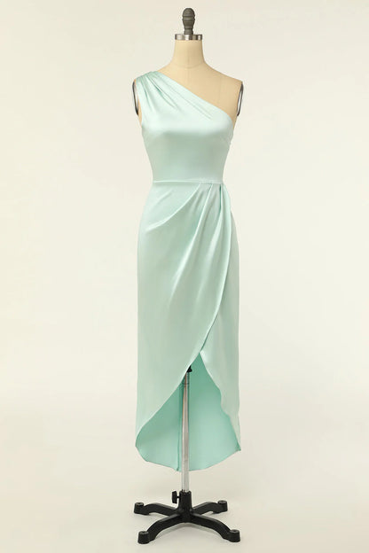 Sheath One Shoulder Sage Bridesmaid Dress With Slit