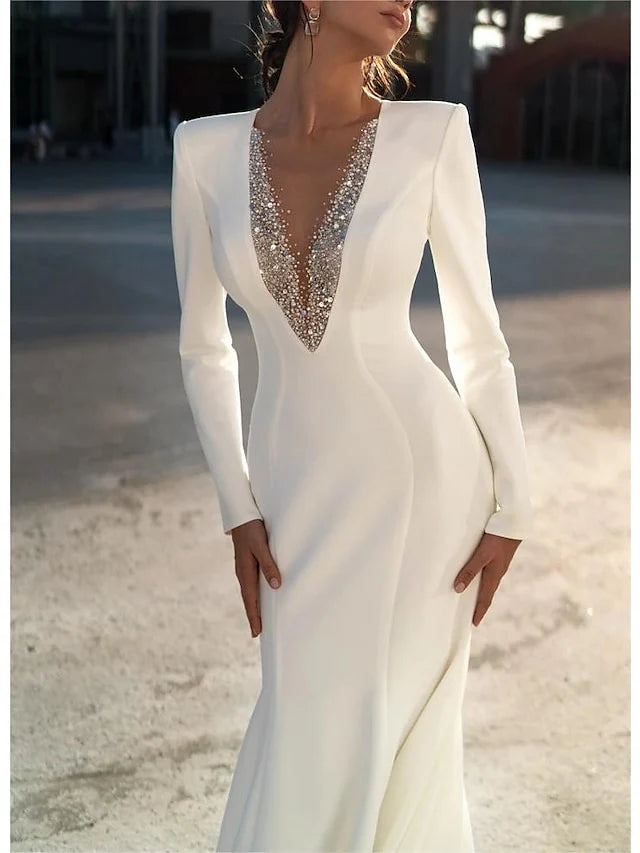 Mermaid V-Neck Long Sleeves Floor-Length Wedding Dresses With Beading