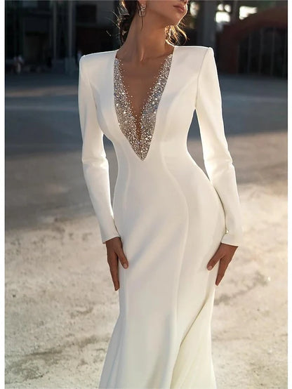 Mermaid V-Neck Long Sleeves Floor-Length Wedding Dresses With Beading