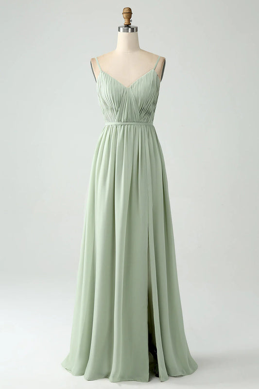 A-Line Chiffon Spaghetti Straps Long Bridesmaid Dress With Slit