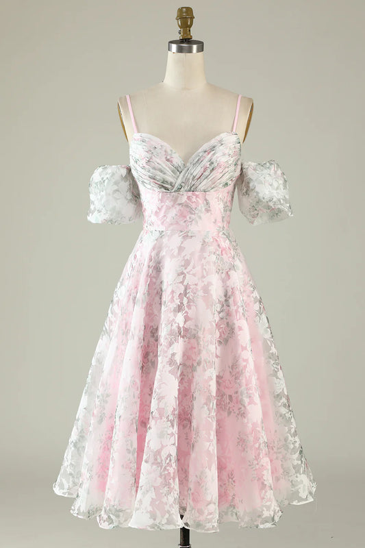 A-Line Shoulder Flower Printed Pink Homecoming Dresses