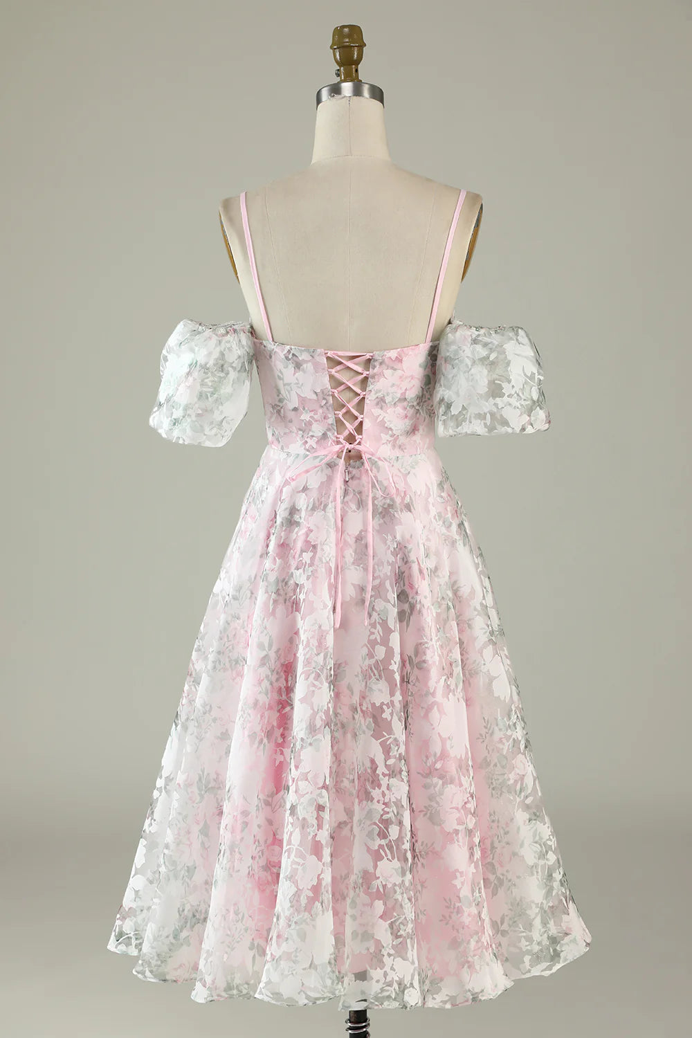 A-Line Shoulder Flower Printed Pink Homecoming Dresses