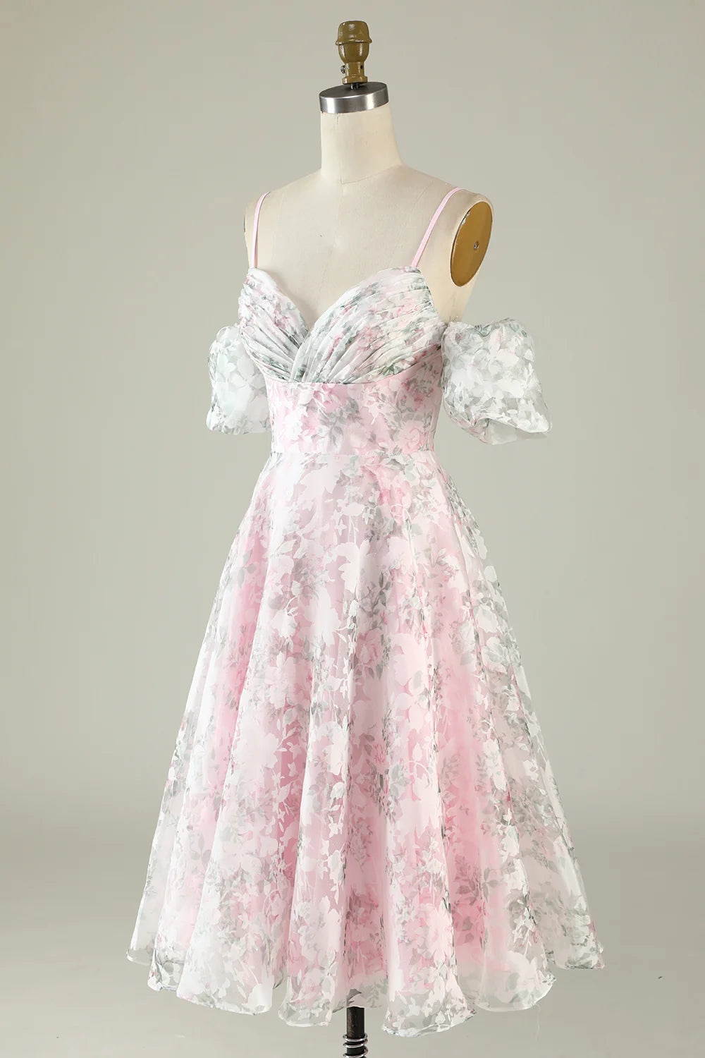 A-Line Shoulder Flower Printed Pink Homecoming Dresses