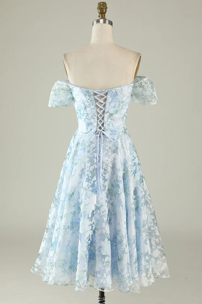 A-Line Shoulder Flower Printed Blue Homecoming Dresses