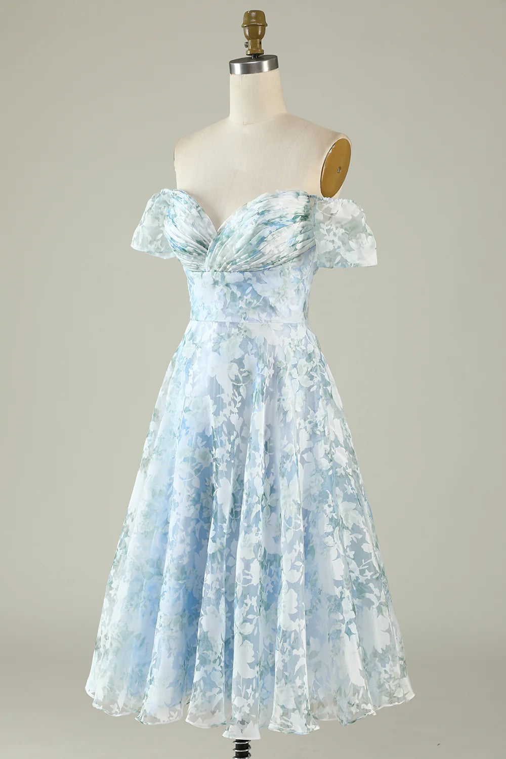 A-Line Shoulder Flower Printed Blue Homecoming Dresses