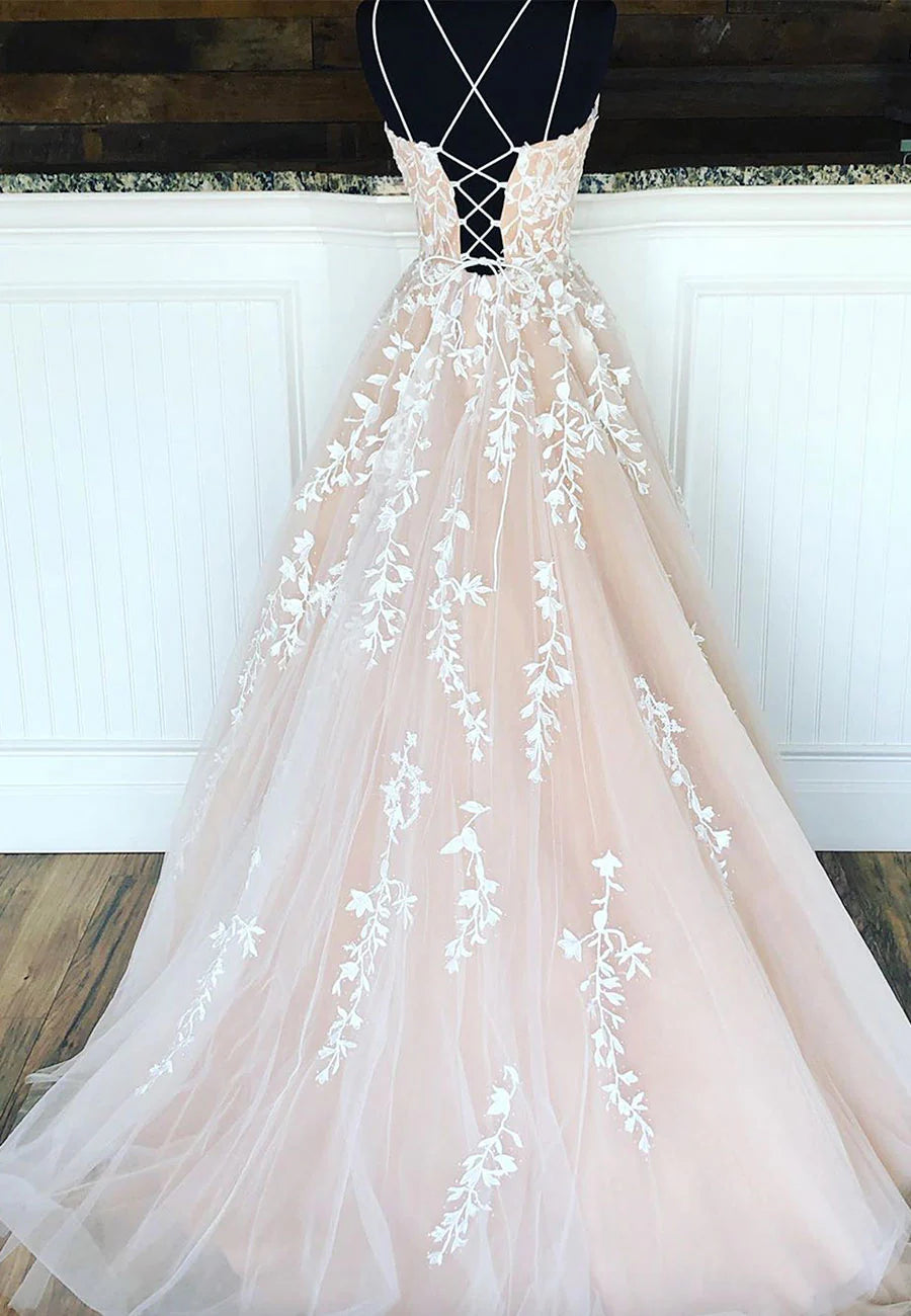 Cute Lace-Up A-Line Long Lace Prom Dress