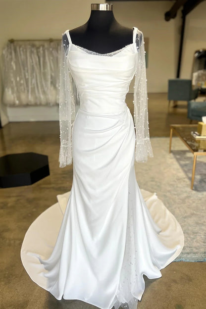 Backless Ruched Wedding Dress with Detachable Sleeves