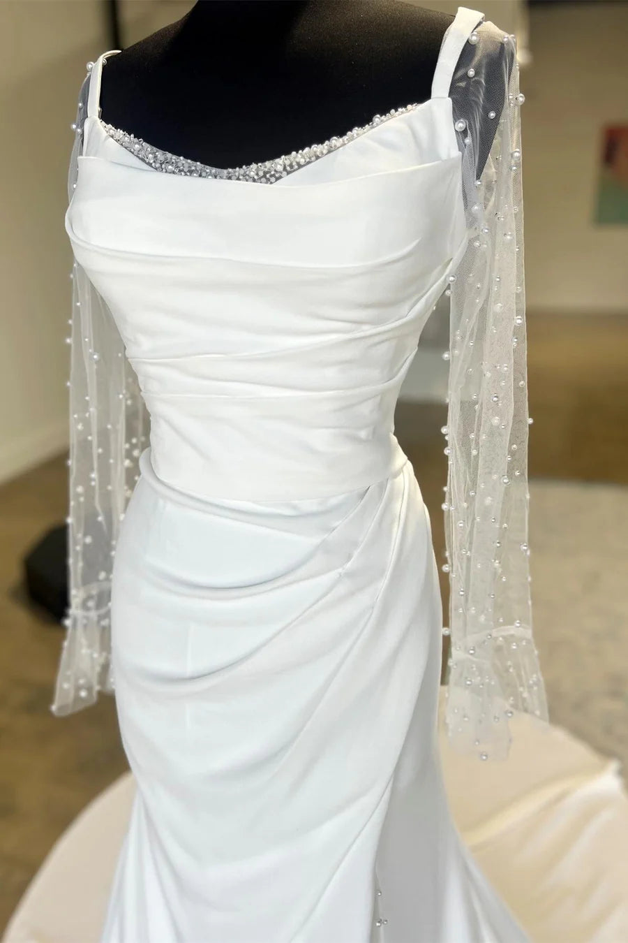 Backless Ruched Wedding Dress with Detachable Sleeves