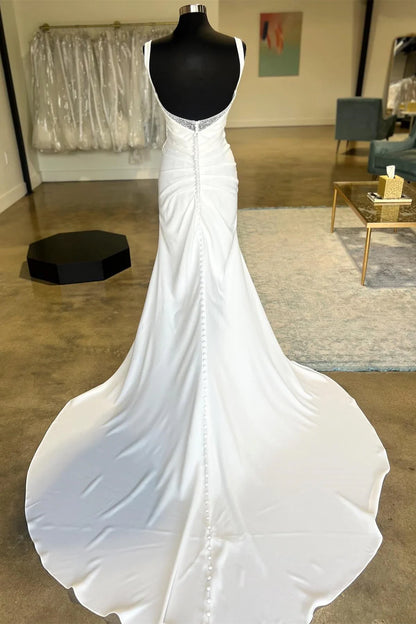 Backless Ruched Wedding Dress with Detachable Sleeves