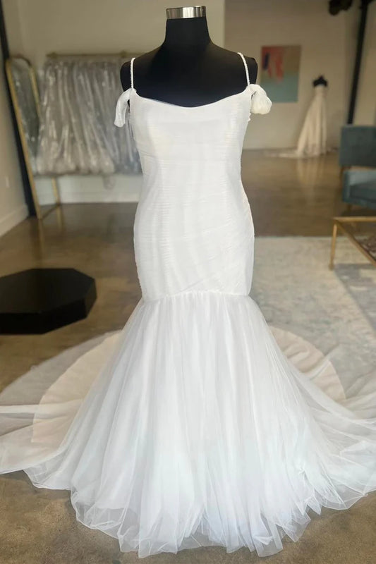 White Cold-Shoulder Trumpet Long Bridal Gown