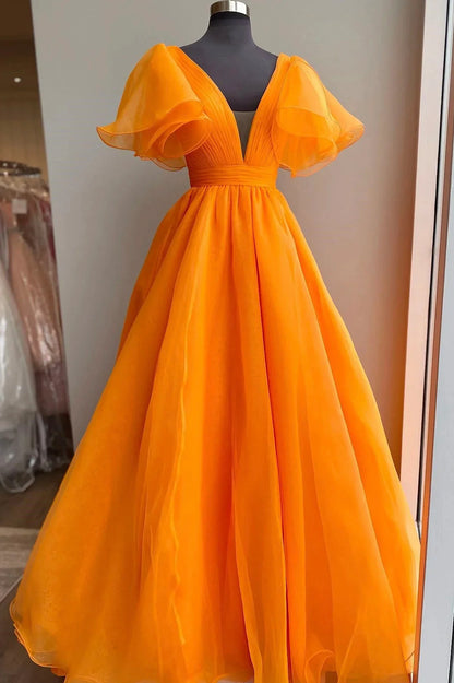 V-Neck Orange Organza Long A-Line Prom Dress