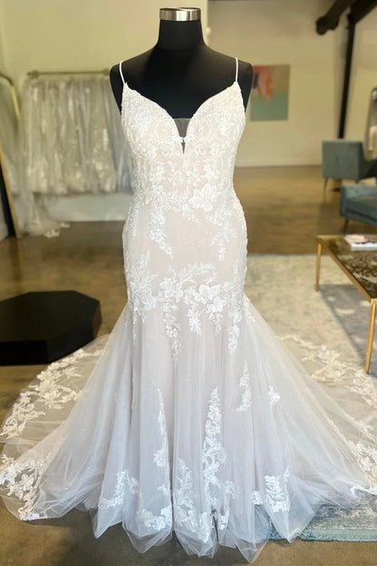 Floral Lace Plunge V Trumpet Long Bridal Gown