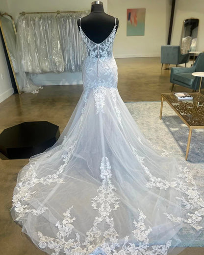 Floral Lace Plunge V Trumpet Long Bridal Gown