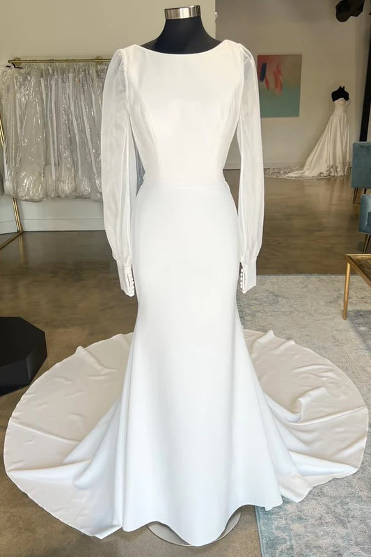 Open Back Long Wedding Dress with Long Sleeves