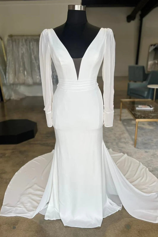 Plunge V Open Back Long Wedding Dress with Long Sleeves