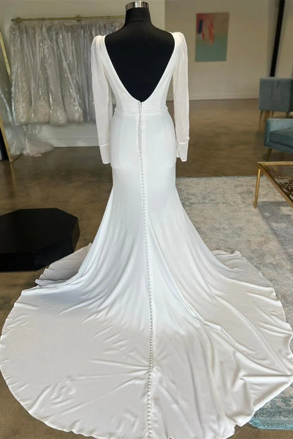 Plunge V Open Back Long Wedding Dress with Long Sleeves