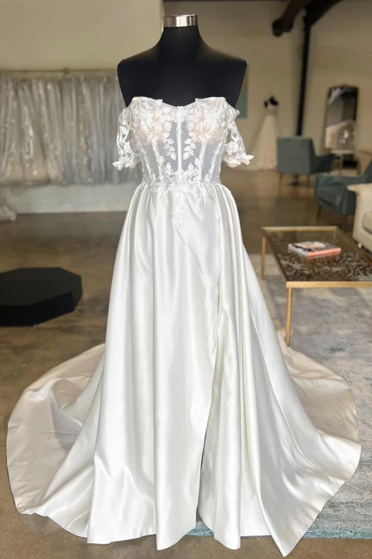 Satin Off-the-Shoulder Appliques Long Wedding Dress