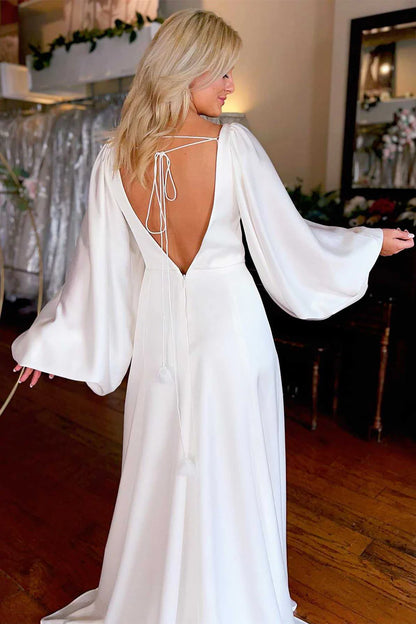 V-Neck Long Sleeve Backless Long Wedding Dress