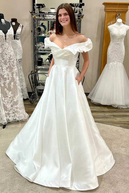 Off-the-Shoulder Ruffled A-Line Long Wedding Dress