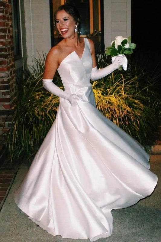 A-Line Asymmetrical  Satin Long Wedding Dress