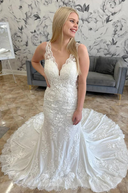 V-Neck Lace White Mermaid Long Wedding Dress