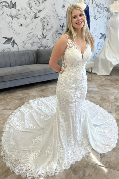 V-Neck Lace White Mermaid Long Wedding Dress