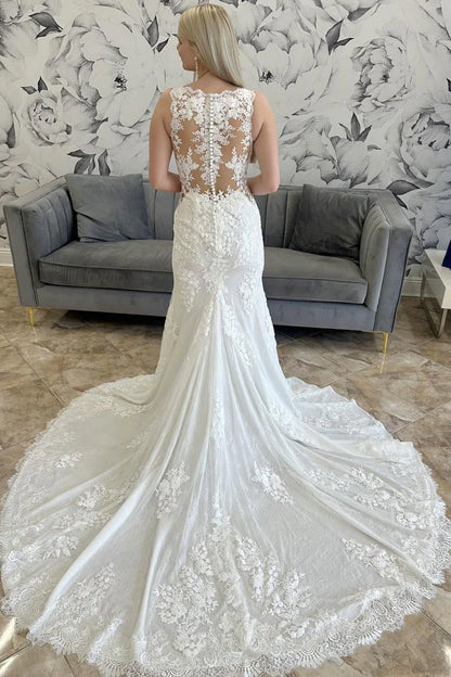 V-Neck Lace White Mermaid Long Wedding Dress