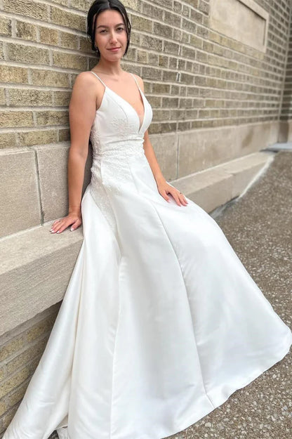 A-Line V-Neck Long Wedding Dress with Appliques