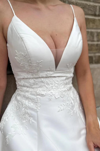 A-Line V-Neck Long Wedding Dress with Appliques