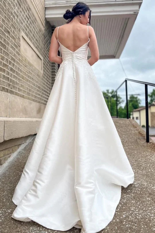 A-Line V-Neck Long Wedding Dress with Appliques