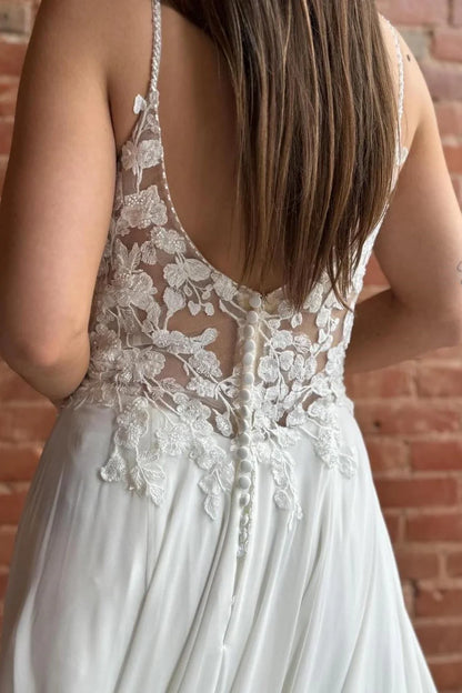 Spaghetti Strap Backless Long Wedding Dress With Appliques