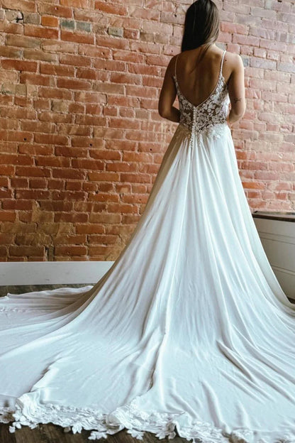 Spaghetti Strap Backless Long Wedding Dress With Appliques