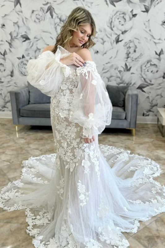 Off-the-Shoulder Wedding Dress with Balloon Sleeves